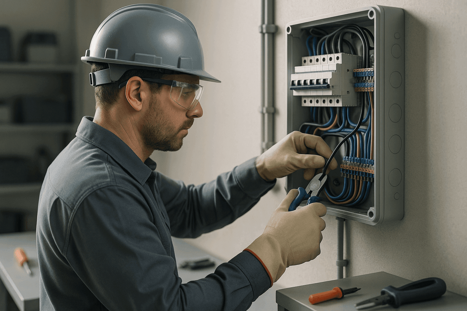 Electrician wearing PPE working on electrical wiring at a clean residential or commercial site