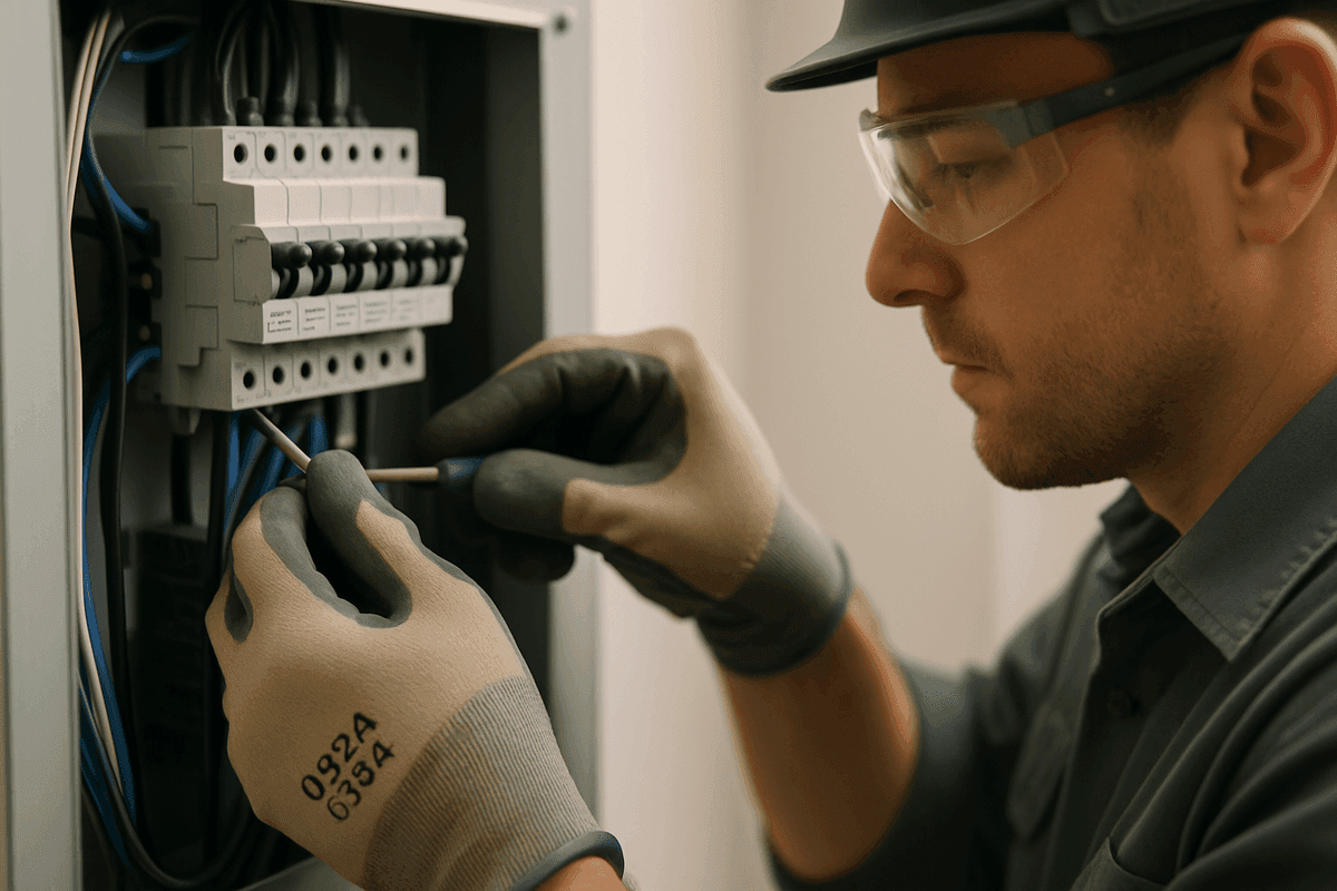 Close-up of electrician's gloved hands connecting wires inside a modern electrical panel